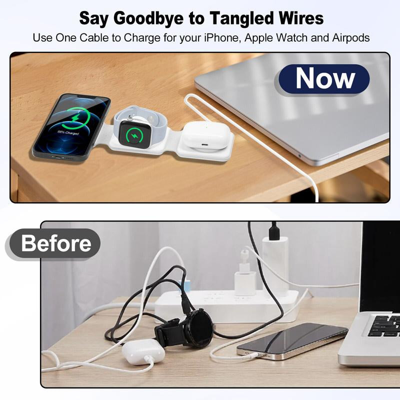 EFAITHFIX Wireless Charger, 3 in 1 Wireless Charging Station, Fast Wireless Charging Stand for Iphone 15 Proseries for Apple Watch SE for Airpods Pro (White) 3 in Foldable Multidevice 3 in Cable Folding Black Magnetic Electronic Adjustable Protection