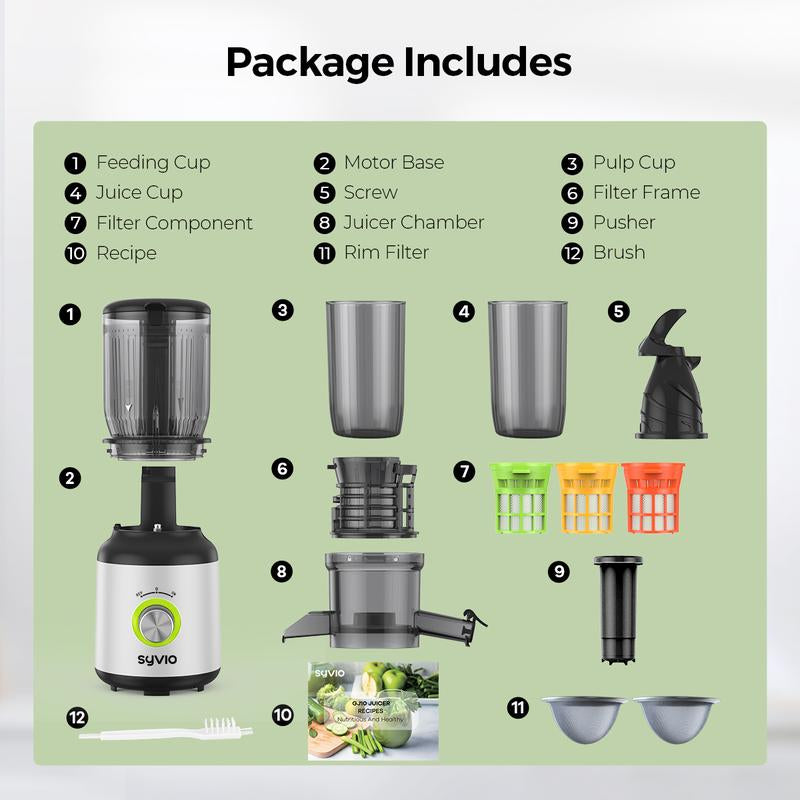Syvio Juicer Machines, Cold Press Juicer with Large Feed Chute for Whole Fruits & Vegetables